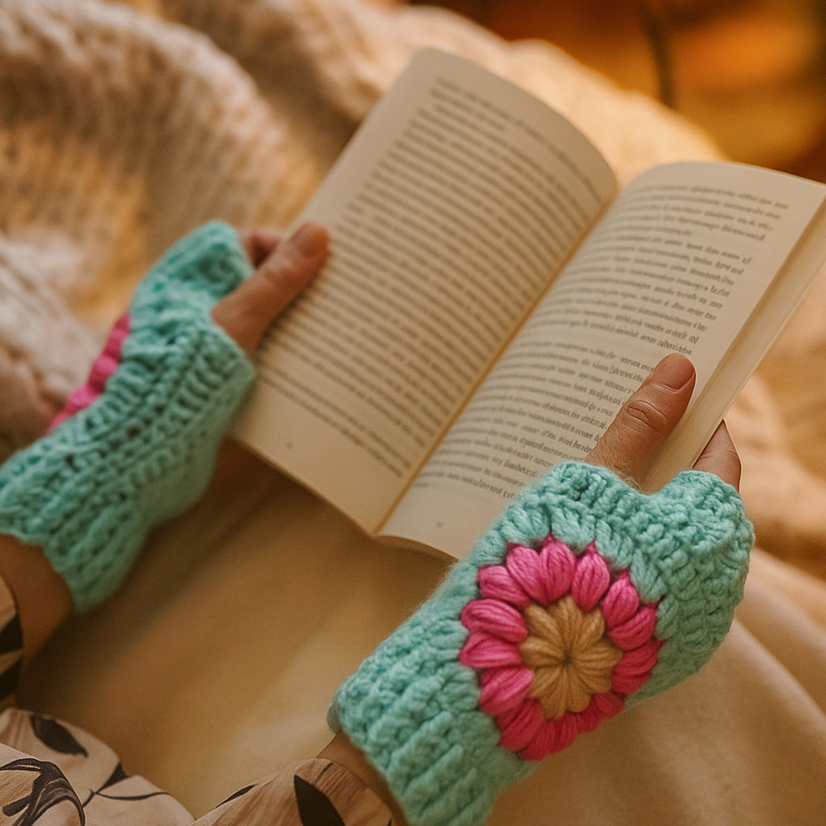 Crochet Fingerless Gloves Pattern With Floral Motif PDF Hand Warmers Design