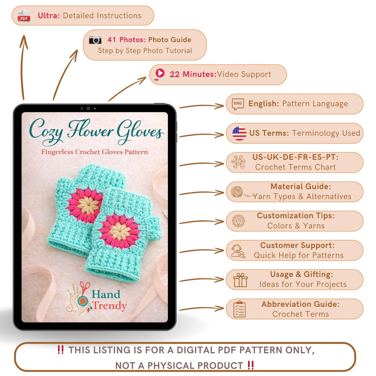 Crochet Fingerless Gloves Pattern With Floral Motif PDF Hand Warmers Design