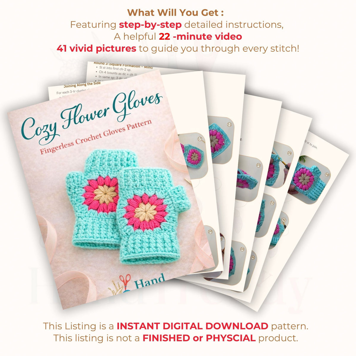 Crochet Fingerless Gloves Pattern With Floral Motif PDF Hand Warmers Design