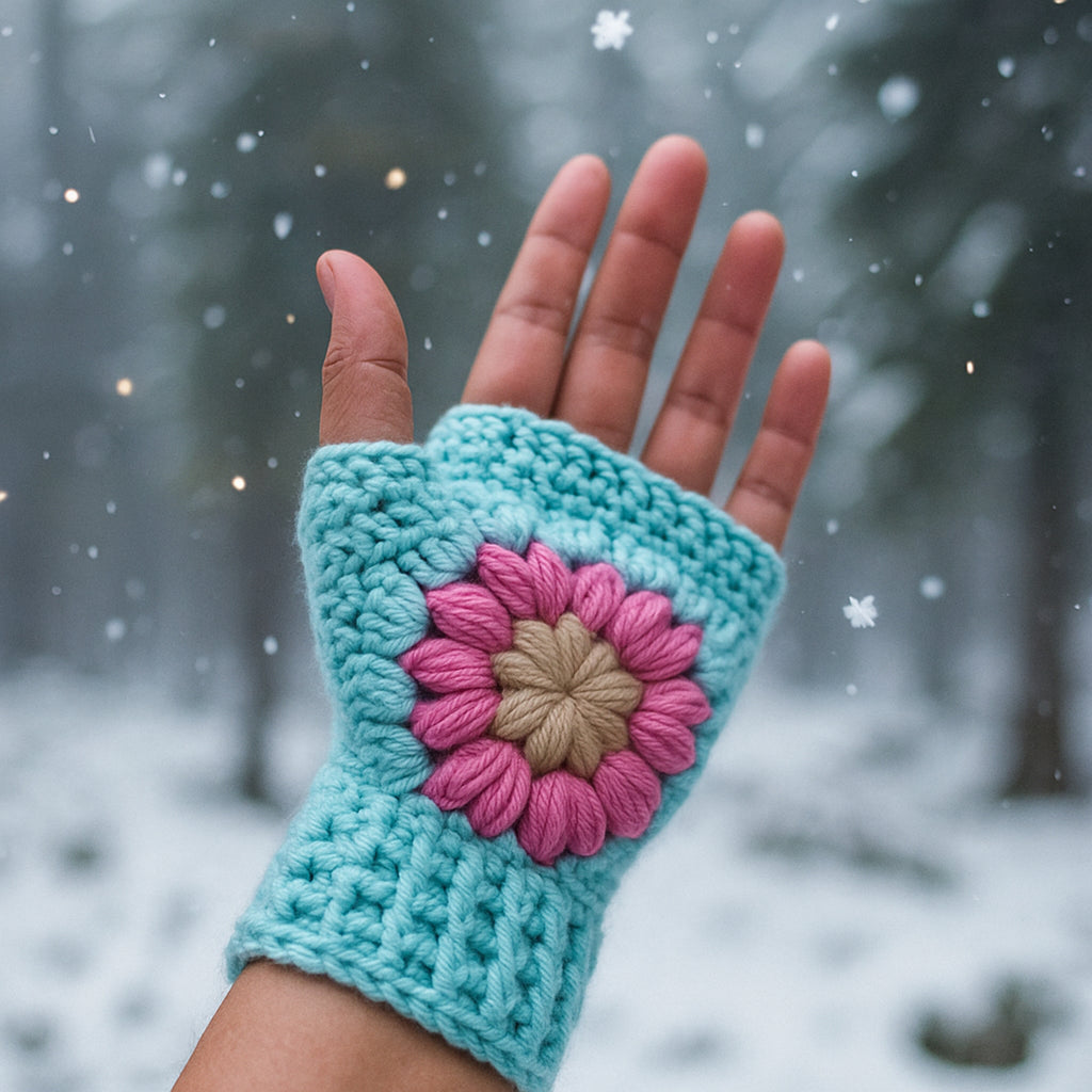 Crochet Fingerless Gloves Pattern With Floral Motif PDF Hand Warmers Design