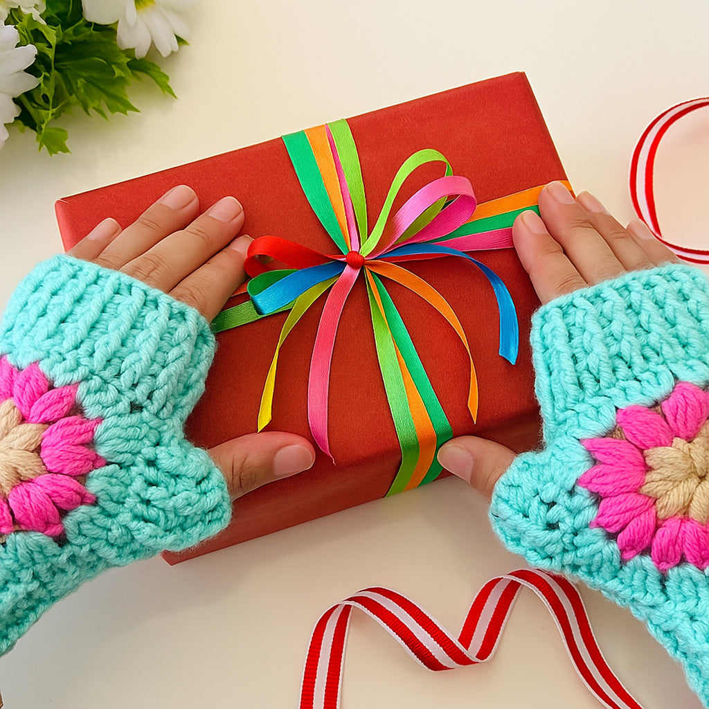 Crochet Fingerless Gloves Pattern With Floral Motif PDF Hand Warmers Design