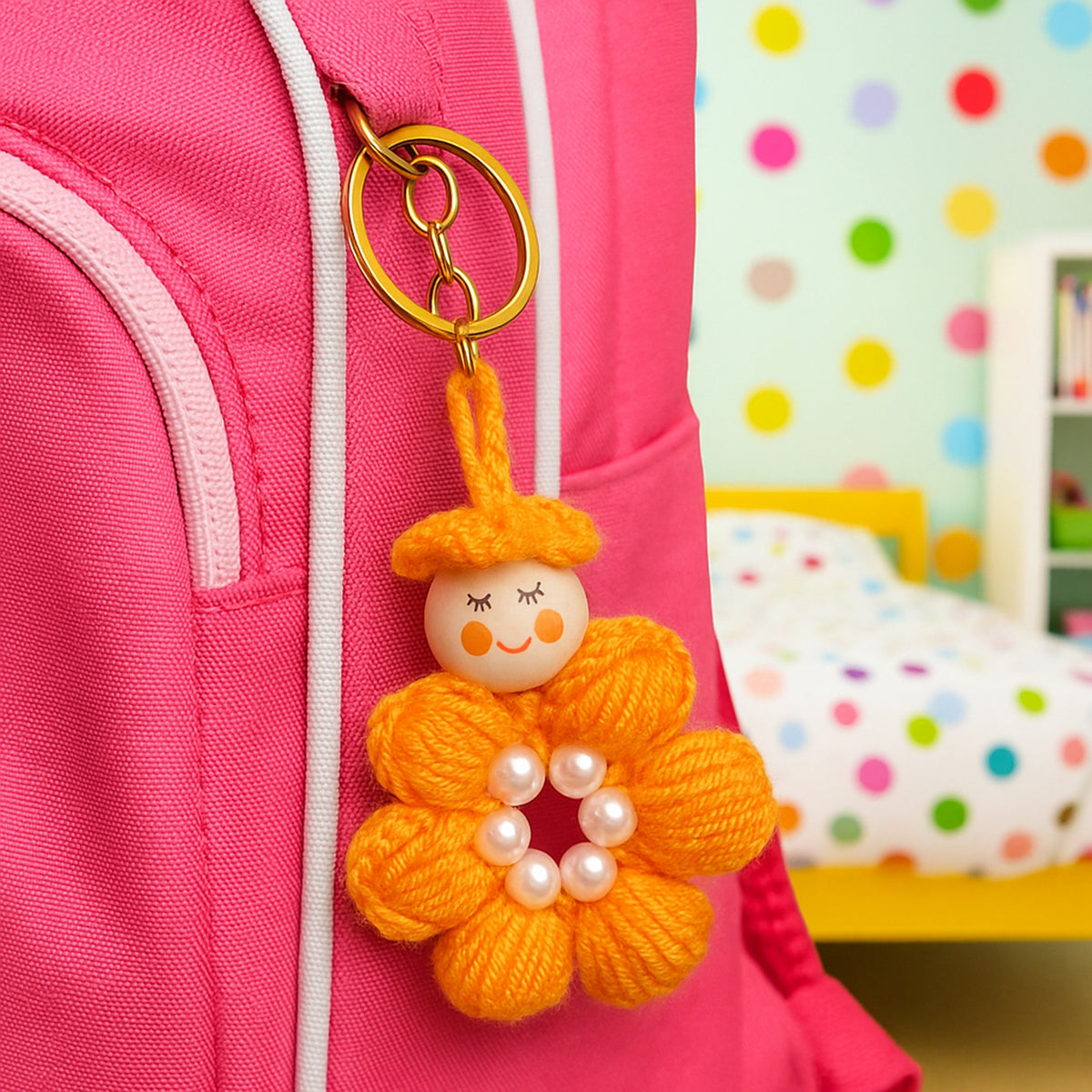 Crochet Flower Keychain Pattern PDF, Cute Doll Charm Design, Pearl Center Petal Motif