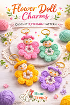 Crochet Flower Keychain Pattern PDF, Cute Doll Charm Design, Pearl Center Petal Motif