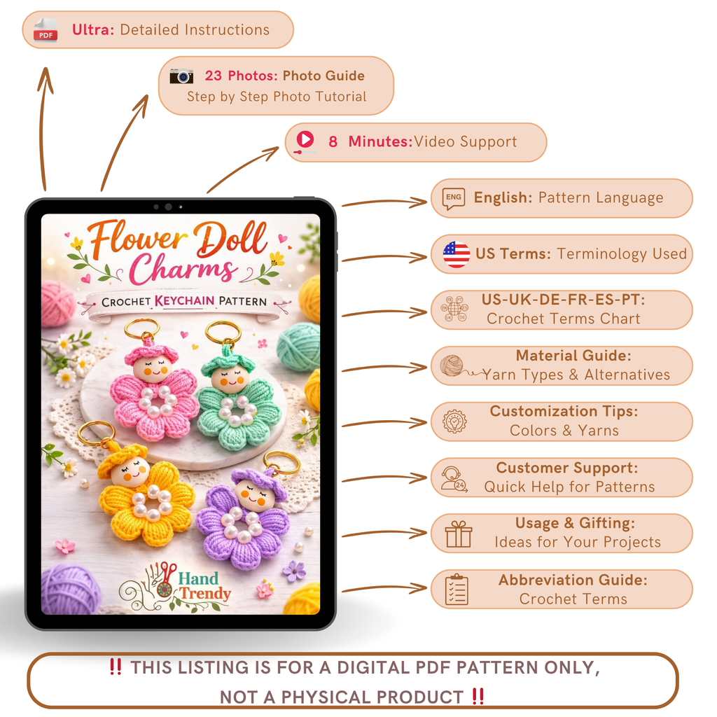 Crochet Flower Keychain Pattern PDF, Cute Doll Charm Design, Pearl Center Petal Motif