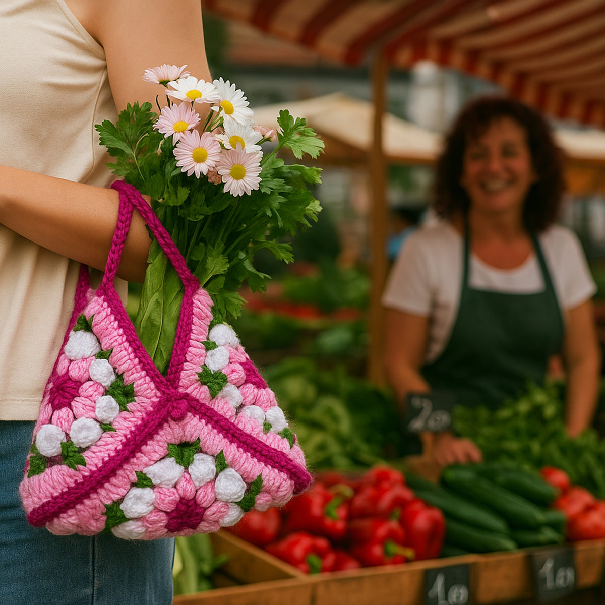 Crochet Granny Square Bag Pattern PDF, Handmade Puff Flower Floral Shoulder Bag Tutorial
