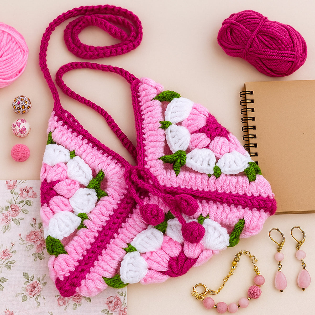Crochet Granny Square Bag Pattern PDF, Handmade Puff Flower Floral Shoulder Bag Tutorial