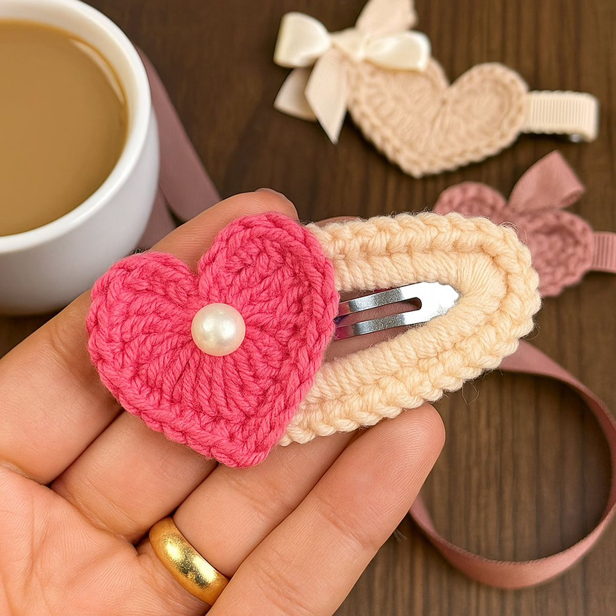 Crochet Heart Hair Clip Pattern PDF, Pearl Heart Applique Design, Cute Snap Clip Cover