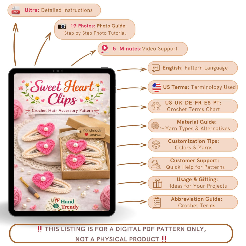 Crochet Heart Hair Clip Pattern PDF, Pearl Heart Applique Design, Cute Snap Clip Cover
