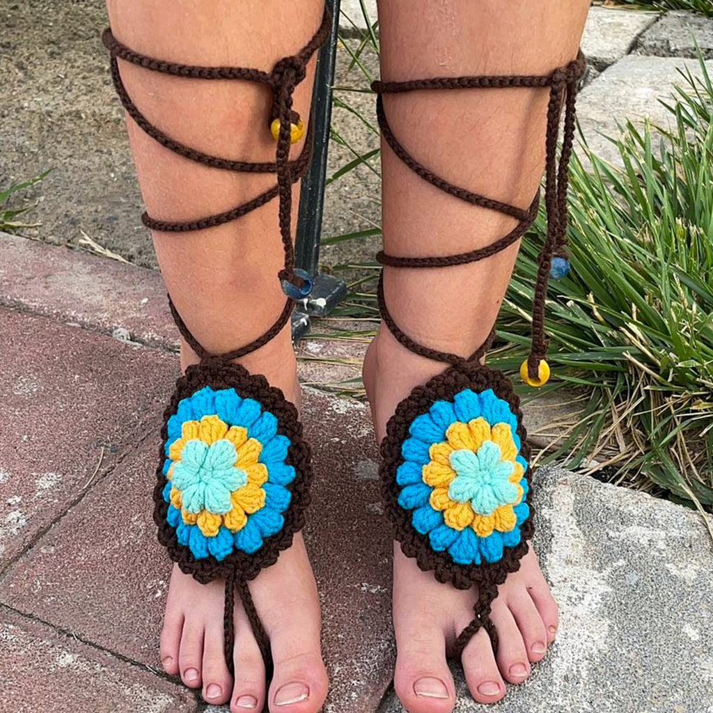 Crochet Motif Barefoot Sandals Pattern, Granny Style Foot Jewelry Design, Summer Beach Toe Anklet Sandals