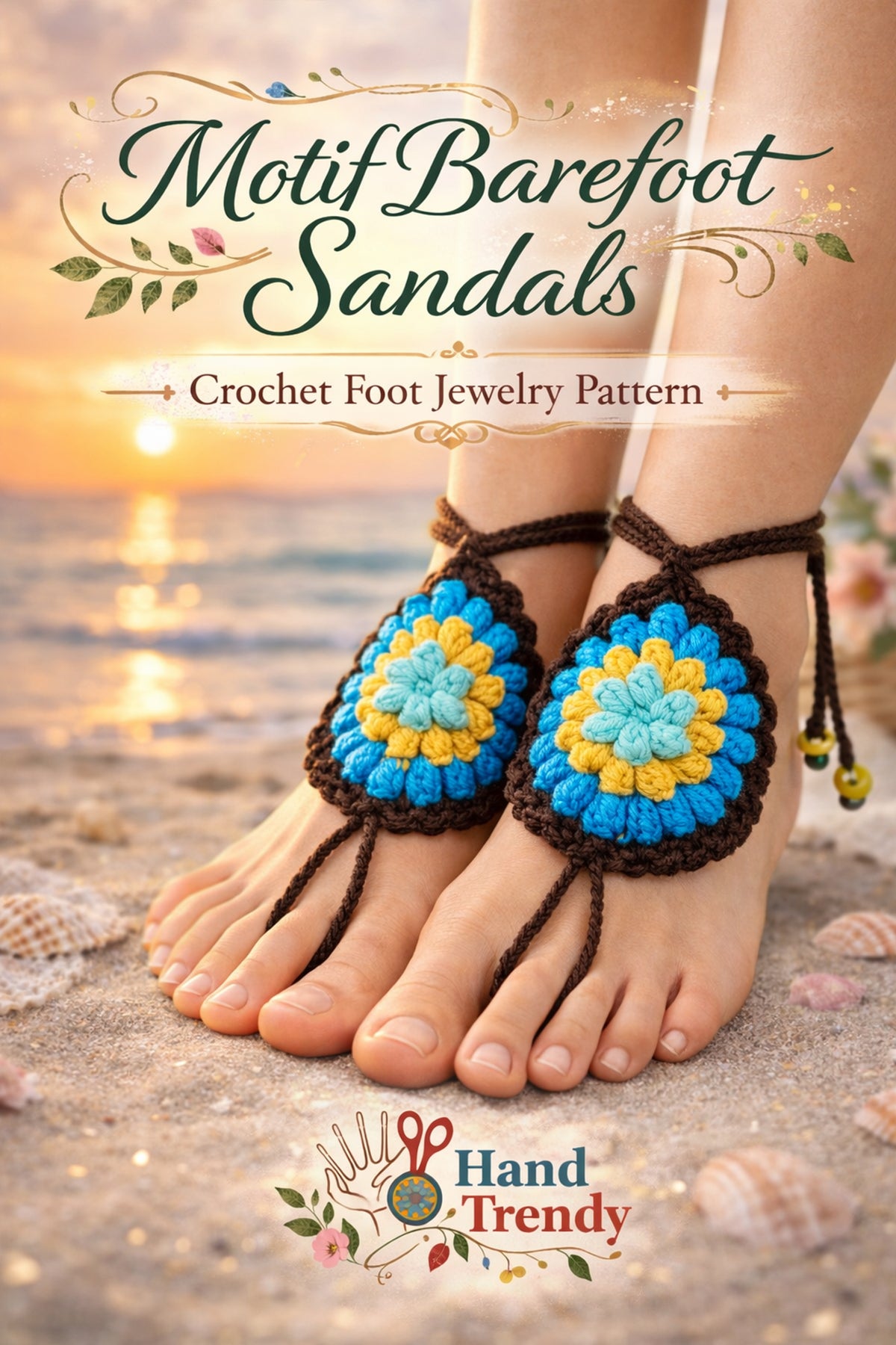 Crochet Motif Barefoot Sandals Pattern, Granny Style Foot Jewelry Design, Summer Beach Toe Anklet Sandals