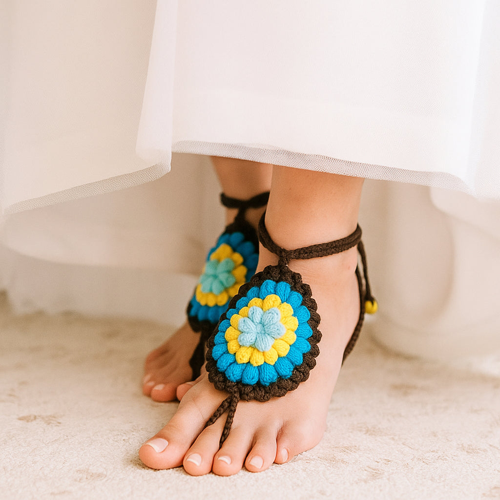 Crochet Motif Barefoot Sandals Pattern, Granny Style Foot Jewelry Design, Summer Beach Toe Anklet Sandals