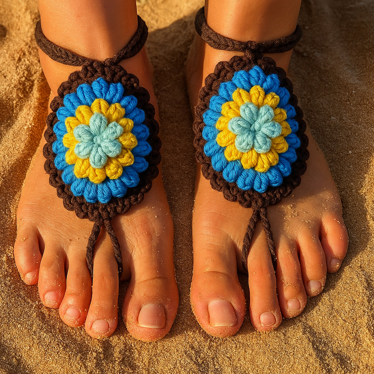 Crochet Motif Barefoot Sandals Pattern, Granny Style Foot Jewelry Design, Summer Beach Toe Anklet Sandals