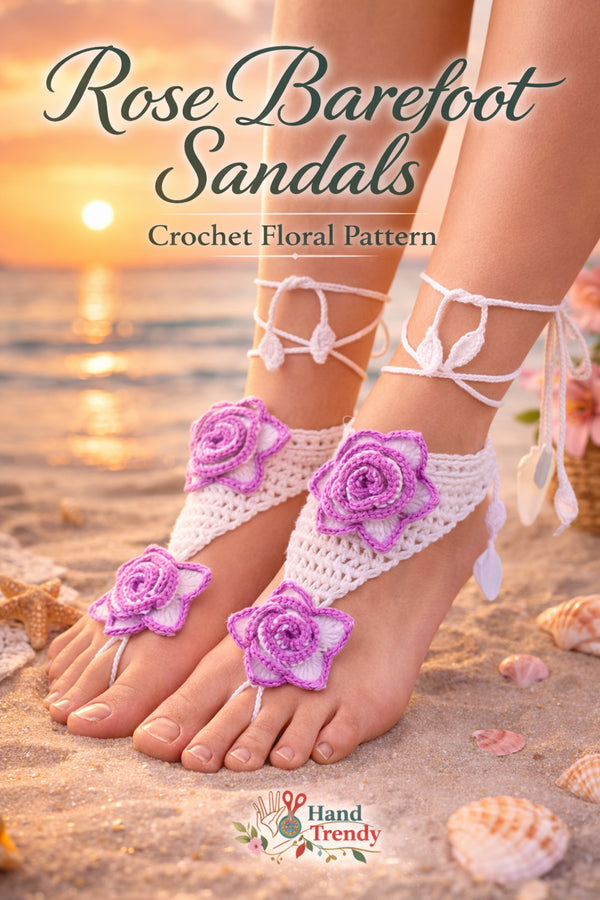 Crochet Rose Barefoot Sandals Pattern PDF, Floral Summer Beach Wedding Anklet Tutorial