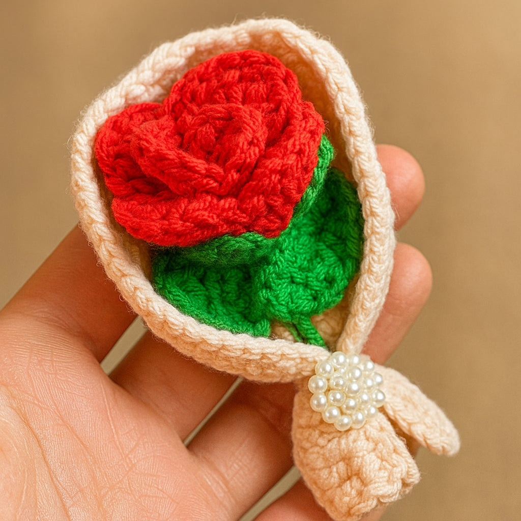 Crochet Rose Bouquet Pattern PDF with Mini Flower Gift Wrap Design for Valentine