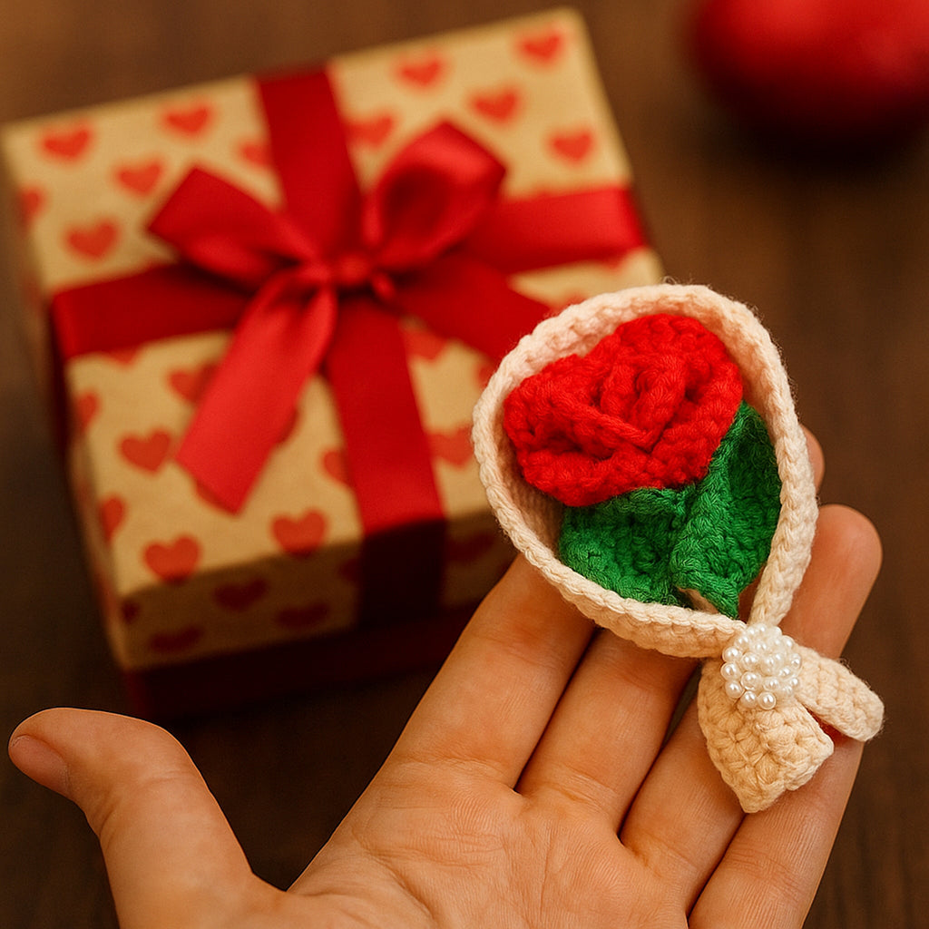 Crochet Rose Bouquet Pattern PDF with Mini Flower Gift Wrap Design for Valentine