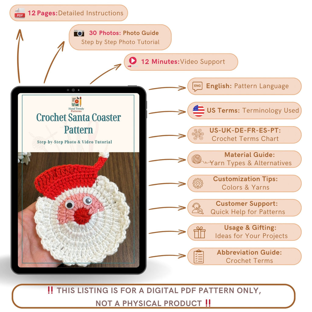 Crochet Santa Coaster Pattern Christmas Table Decor Holiday Drink Coaster DIY Festive Craft PDF - Hand Trendy