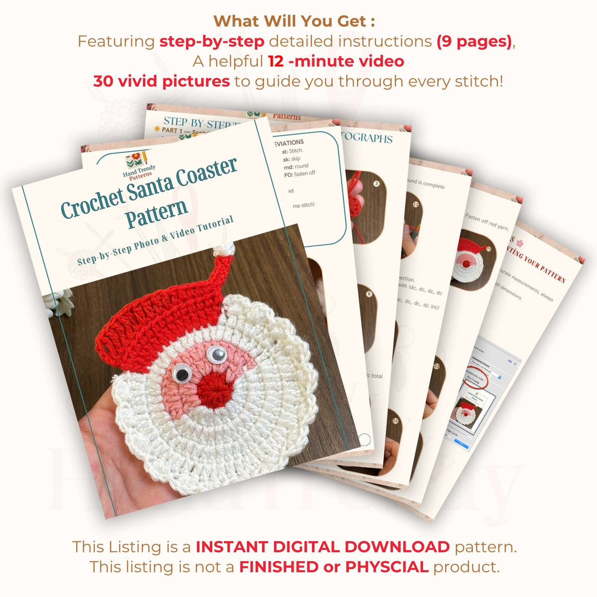 Crochet Santa Coaster Pattern Christmas Table Decor Holiday Drink Coaster DIY Festive Craft PDF - Hand Trendy
