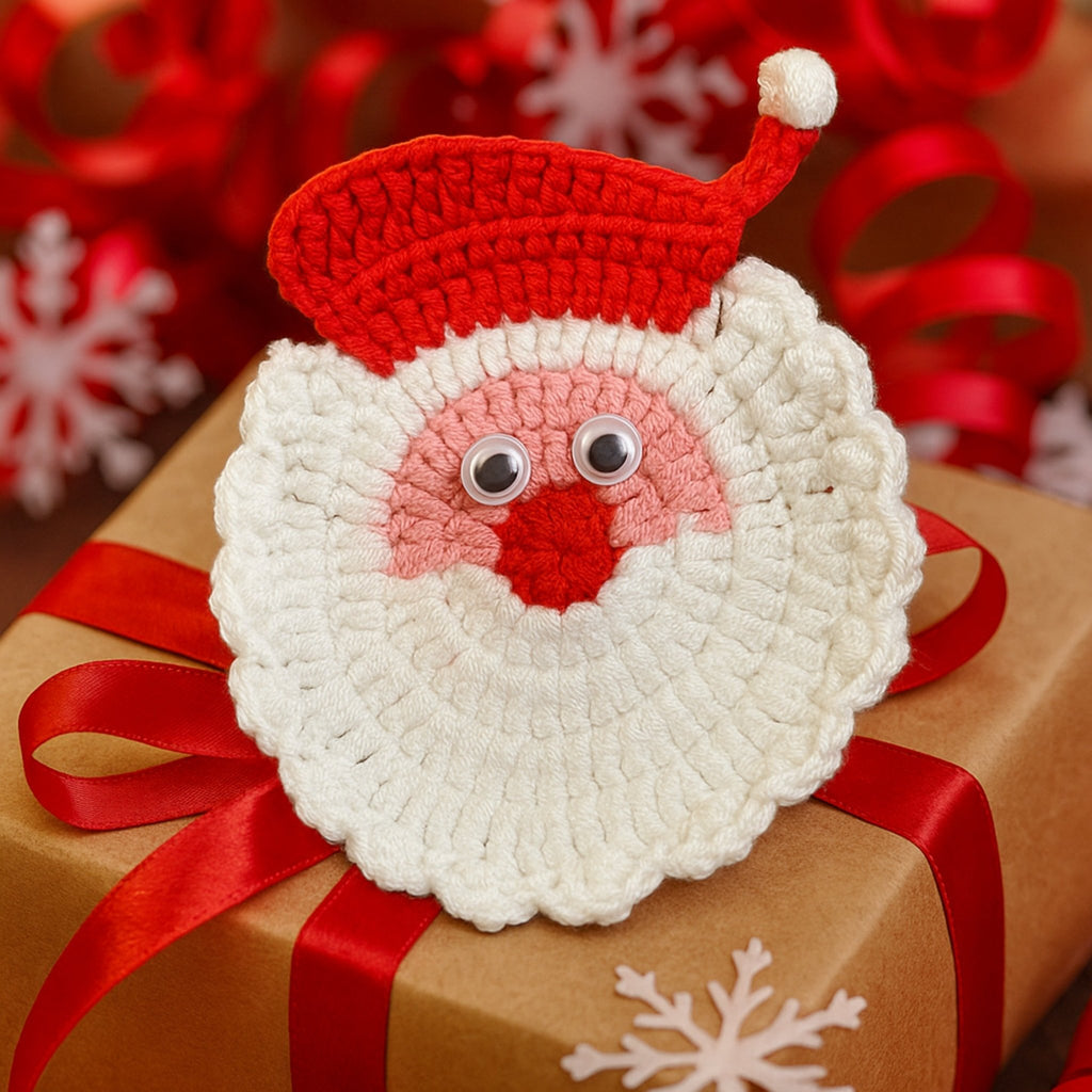 Crochet Santa Coaster Pattern Christmas Table Decor Holiday Drink Coaster DIY Festive Craft PDF - Hand Trendy