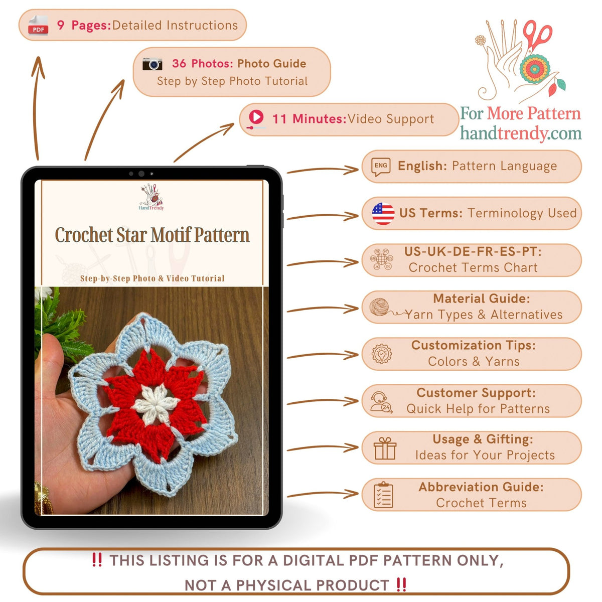 Crochet Star Motif Pattern PDF Instant Download For Geometric DIY Applique Blanket Square Home Decor - Hand Trendy