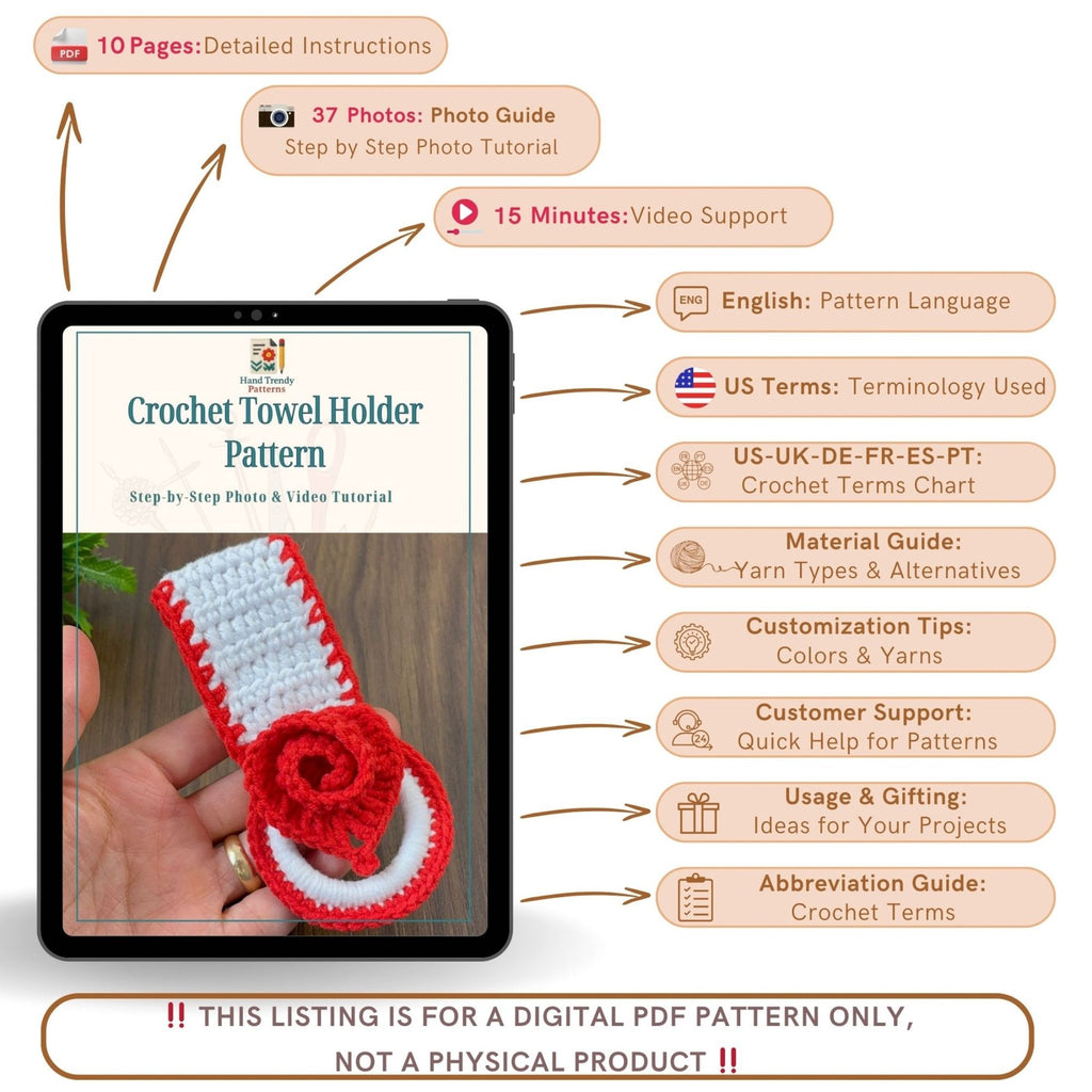 Crochet Towel Holder Pattern PDF Rose Loop Design For Kitchen Bathroom Organization - Hand Trendy