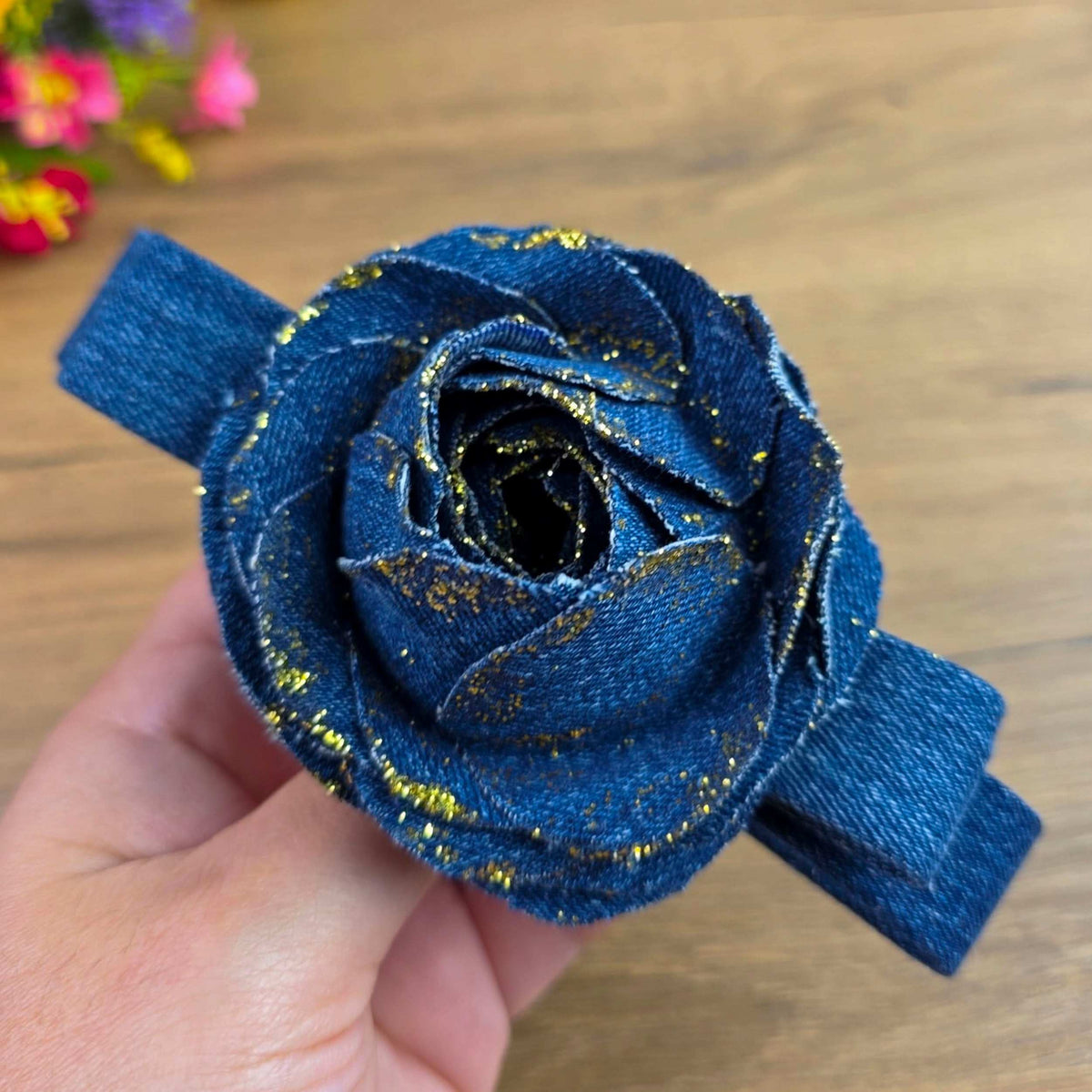 Denim Rose Hair Clip Pattern – Upcycled Fabric Flower Barrette PDF DIY - Hand Trendy