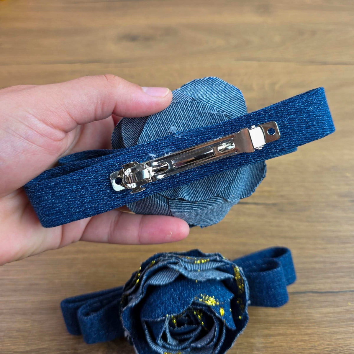 Denim Rose Hair Clip Pattern – Upcycled Fabric Flower Barrette PDF DIY - Hand Trendy