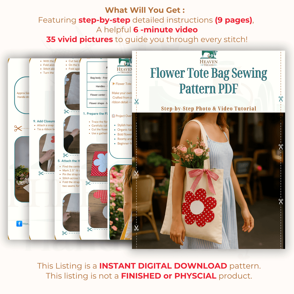 Flower Tote Bag Sewing Pattern PDF, DIY Fabric Flower Tote Bag Tutorial - Hand Trendy