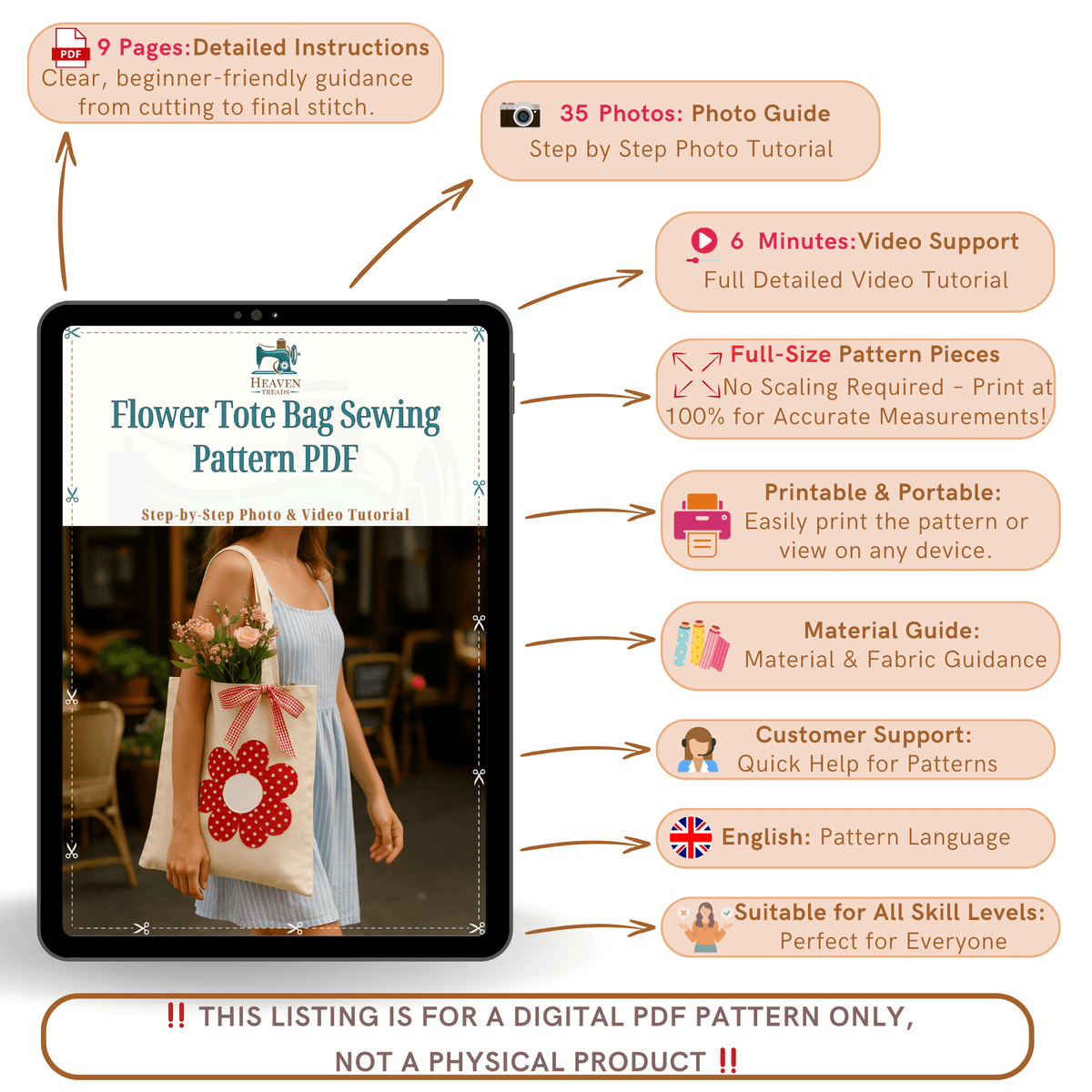 Flower Tote Bag Sewing Pattern PDF, DIY Fabric Flower Tote Bag Tutorial - Hand Trendy