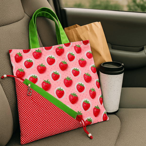 Foldable Strawberry Tote Bag Sewing Pattern PDF – Drawstring Pouch Design - Hand Trendy