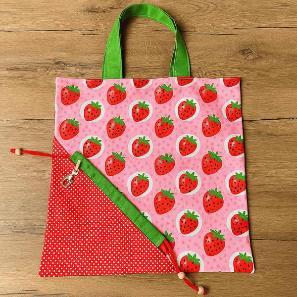 Foldable Strawberry Tote Bag Sewing Pattern PDF – Drawstring Pouch Design - Hand Trendy