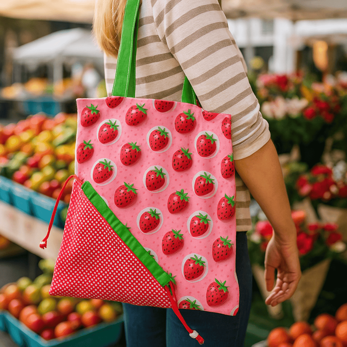 Foldable Strawberry Tote Bag Sewing Pattern PDF – Drawstring Pouch Design - Hand Trendy