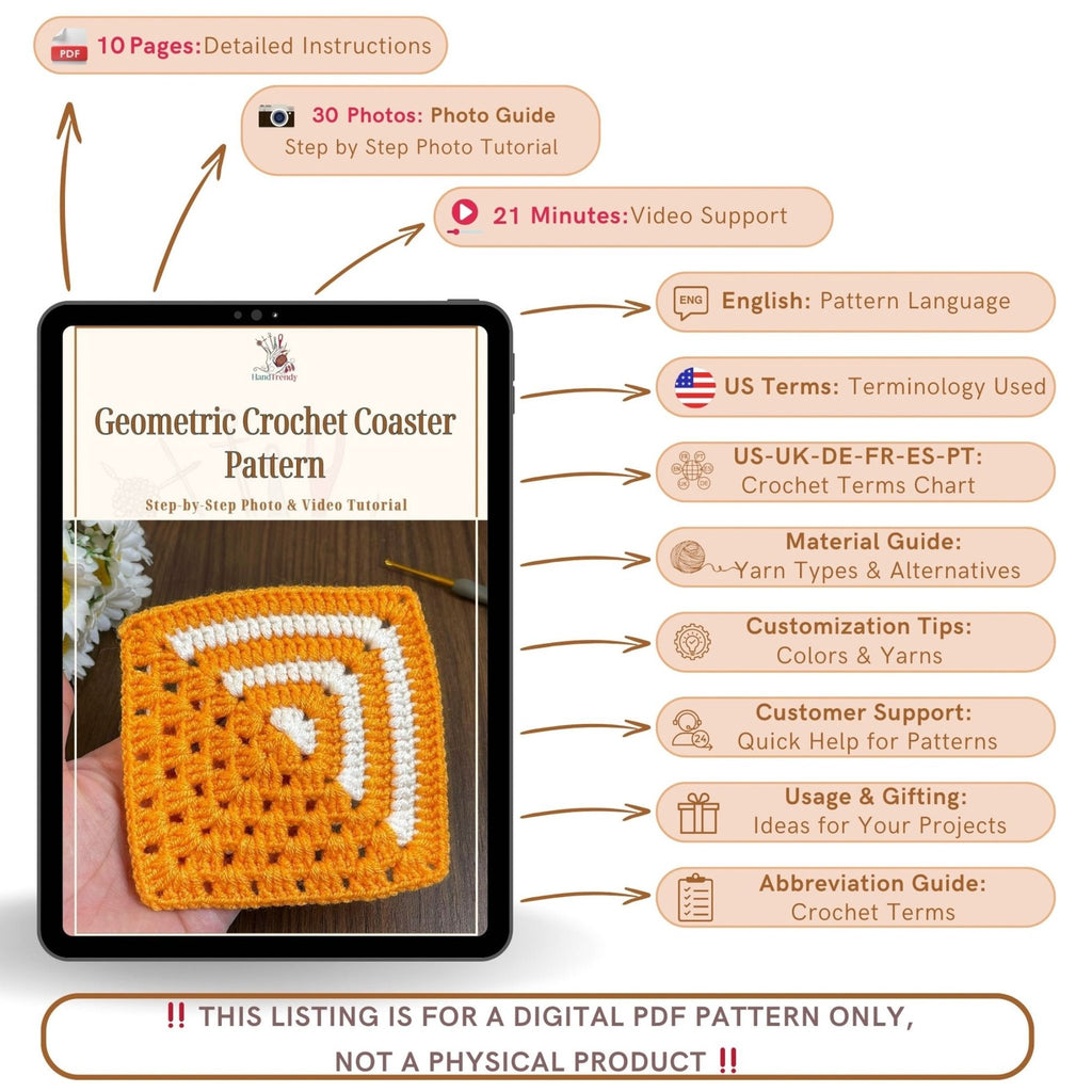 Geometric Crochet Coaster Pattern PDF – Modern Mug Mat Tutorial – Handmade Home Decor Crochet Design - Hand Trendy