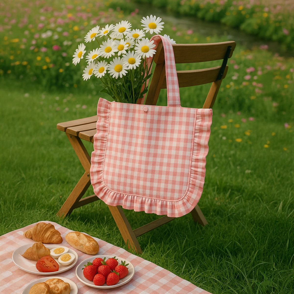 Ruffle Tote Bag Gingham Sewing Pattern, Summer Cottagecore DIY Bag Pattern - Hand Trendy