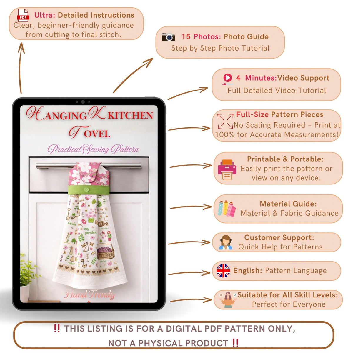 Hanging Kitchen Towel Sewing Pattern With Loop Design For Practical Home Use - Hand Trendy