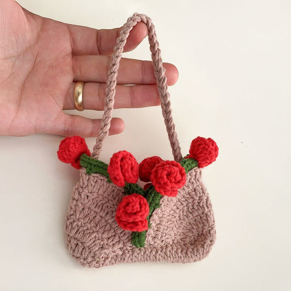 Mini Crochet Rose Bag Pattern PDF – Tiny Floral Purse Ornament Tutorial – Handmade Crochet Decor - Hand Trendy