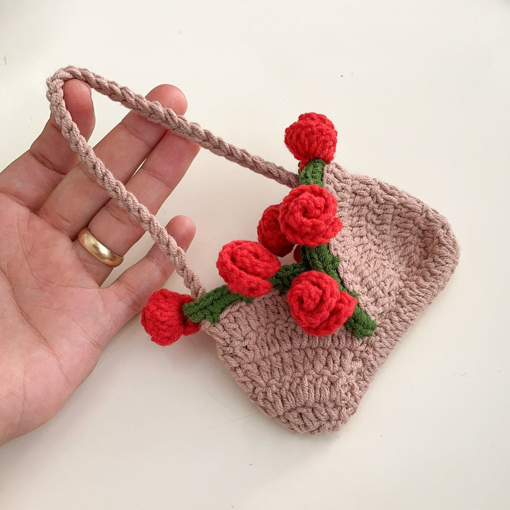 Mini Crochet Rose Bag Pattern PDF – Tiny Floral Purse Ornament Tutorial – Handmade Crochet Decor - Hand Trendy