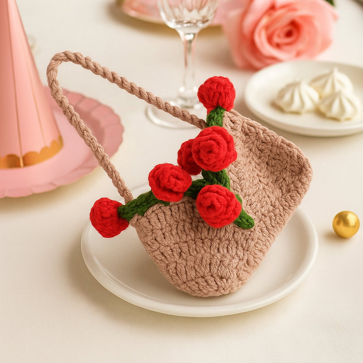 Mini Crochet Rose Bag Pattern PDF – Tiny Floral Purse Ornament Tutorial – Handmade Crochet Decor - Hand Trendy