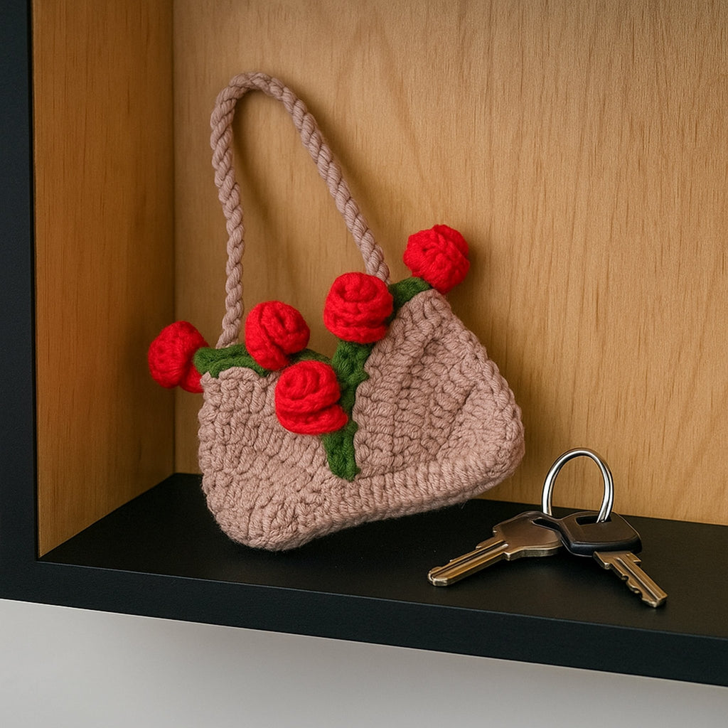Mini Crochet Rose Bag Pattern PDF – Tiny Floral Purse Ornament Tutorial – Handmade Crochet Decor - Hand Trendy