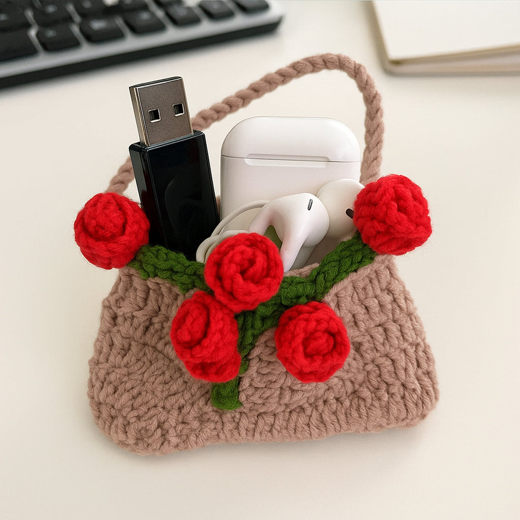 Mini Crochet Rose Bag Pattern PDF – Tiny Floral Purse Ornament Tutorial – Handmade Crochet Decor - Hand Trendy
