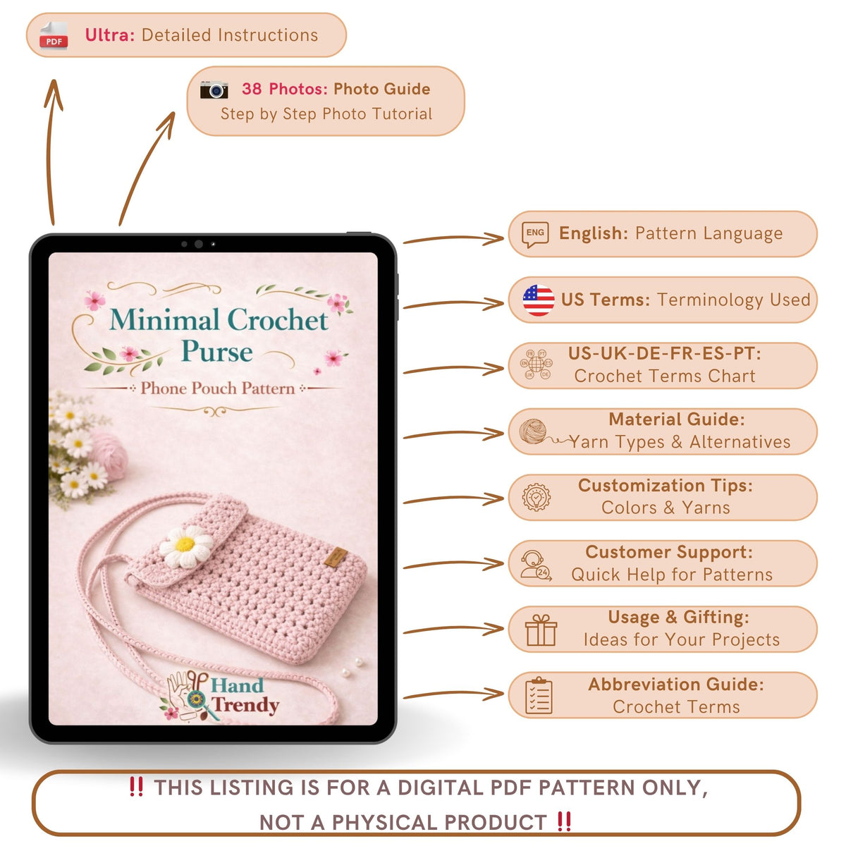 Crochet Phone Bag Pattern PDF, Daisy Crossbody Bag Tutorial, Minimalist Shoulder Purse Design