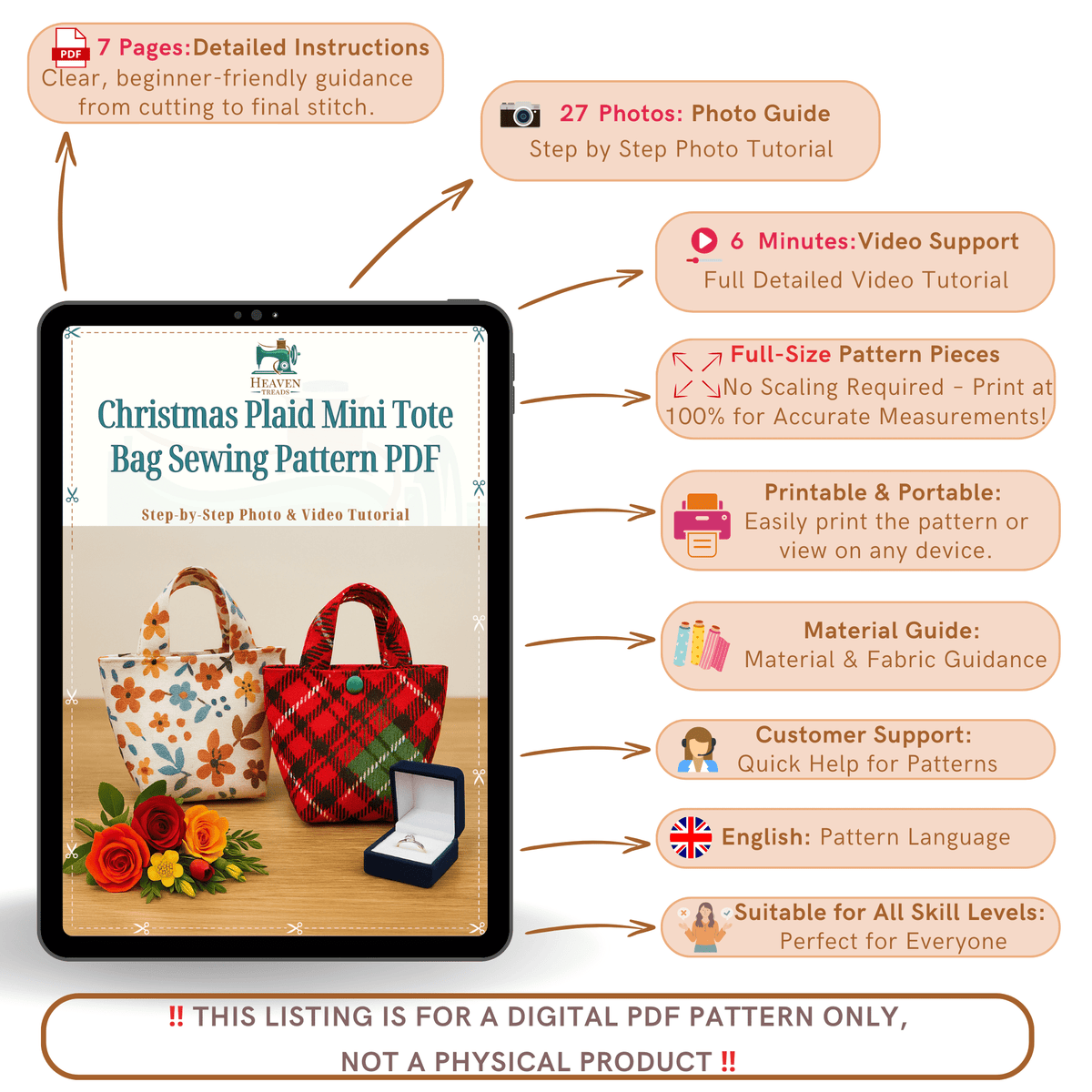 Mini Christmas Tote Bag Sewing Pattern PDF, Small Gift Bag DIY Template - Hand Trendy