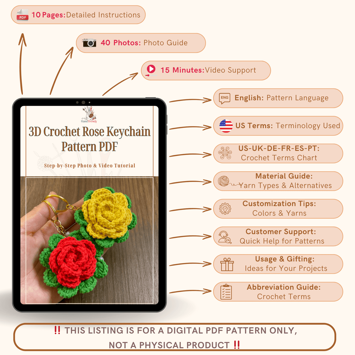 3D Crochet Rose Keychain Pattern PDF, Multilayer Floral Bag Charm - Hand Trendy