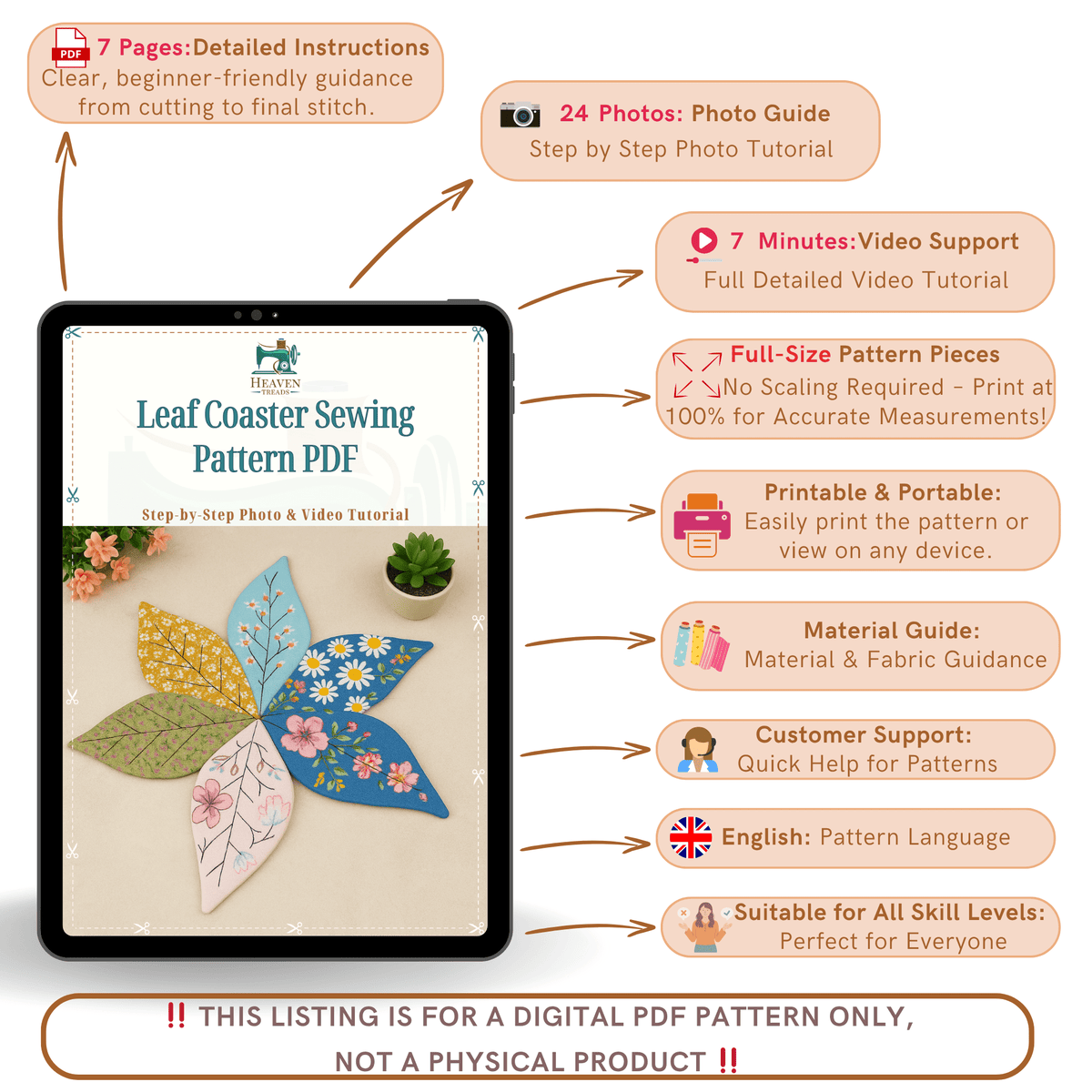 Leaf Coaster Sewing Pattern PDF, DIY Floral Mug Rug Pattern, Handmade Fabric Leaf Placemat - Hand Trendy