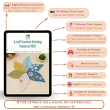 Leaf Coaster Sewing Pattern PDF, DIY Floral Mug Rug Pattern, Handmade Fabric Leaf Placemat