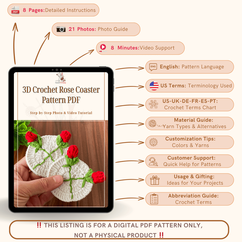 3D Crochet Rose Coaster Pattern PDF, Elegant Handmade Bloom Placemat - Hand Trendy