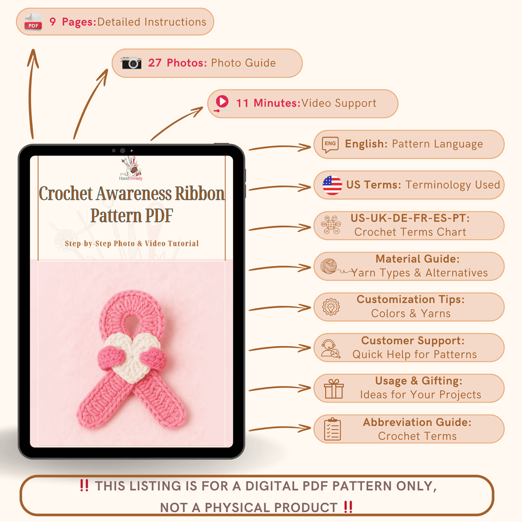 Crochet Awareness Ribbon Pattern PDF, Pink Ribbon with Heart, Breast Cancer Support DIY - Hand Trendy