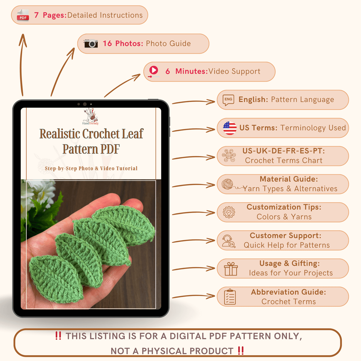 Realistic Crochet Leaf Pattern PDF, Nature - Inspired 3D Leaf Applique for Home Decoration - Hand Trendy