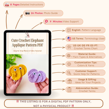 Cute Crochet Elephant Applique Pattern PDF, DIY Animal Motif, Amigurumi Elephant Patch