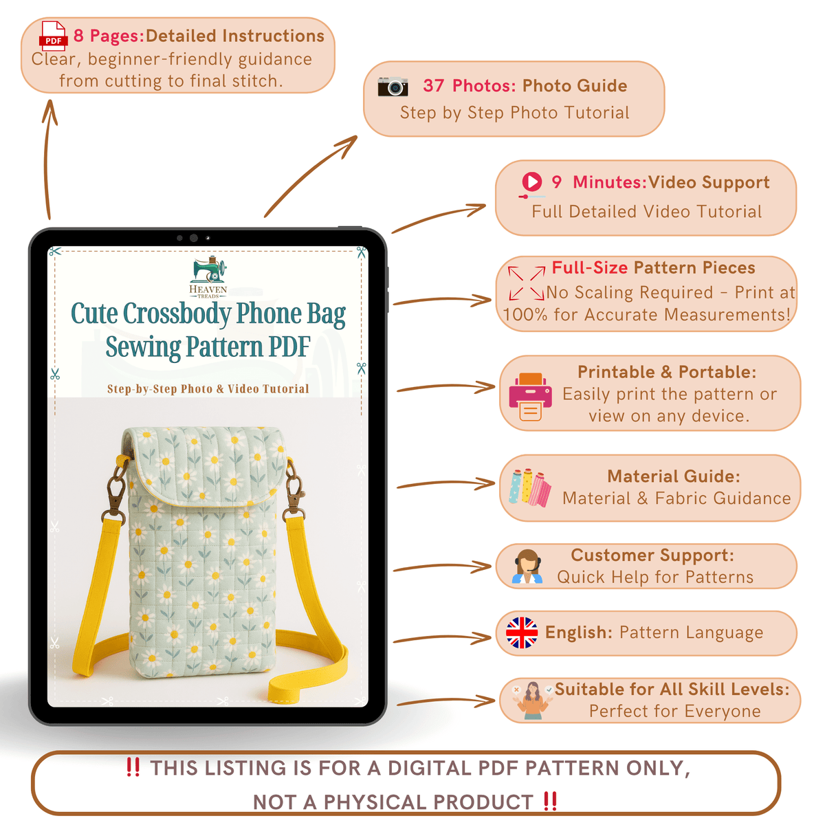 Cute Crossbody Phone Bag Sewing Pattern PDF – Easy Beginner DIY Purse with Floral Fabric - Hand Trendy