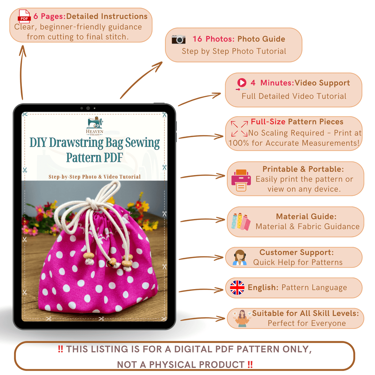 DIY Drawstring Bag Sewing Pattern PDF, Small Fabric Gift Bag Tutorial - Hand Trendy